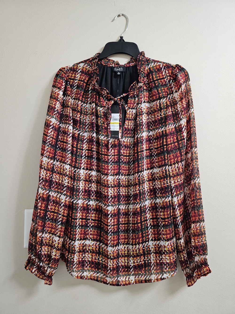 NWT Jones New York Bordeaux Multi Plaid Ruffle Neck Blouse - M